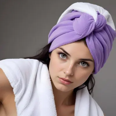 A Young Caucasian Woman With Long Dark Hair Wearing A Purple Towel On Her Head Looking Directly At The Camera With A Neutral Expression 8 5113