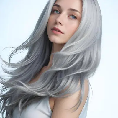 A Young Caucasian Woman With Long Flowing Silver Gray Hair Against A Light Blue Background 1 F5b7
