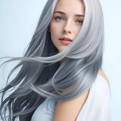 A Young Caucasian Woman With Long Flowing Silver Gray Hair Against A Light Blue Background 15 922f
