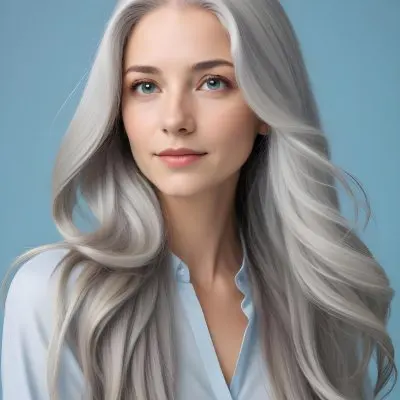 A Young Caucasian Woman With Long Flowing Silver Gray Hair Against A Light Blue Background 9 695e