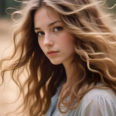 A Young Caucasian Woman With Long Flowing Wavy Light Brown Hair The Hair Appears Soft And Healthy With Highlights And Movement The Woman Has A Serene Expression And Is Looking Slightly To The Side 7 133a