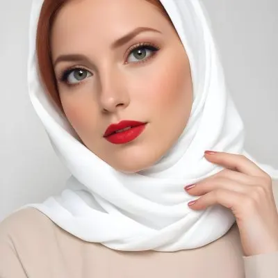 A Young Caucasian Woman With Long Red Hair Wearing A White Hijab And Red Lipstick Posing Against A Plain Background 10 84fd