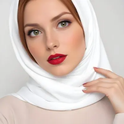 A Young Caucasian Woman With Long Red Hair Wearing A White Hijab And Red Lipstick Posing Against A Plain Background 12 4e68
