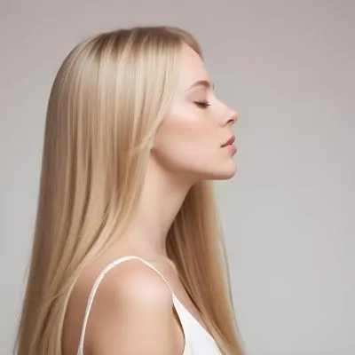 A Young Caucasian Woman With Long Straight Blonde Hair Cascading Down She Has Fair Skin And Is Shown In Profile With Her Eyes Closed And A Serene Expression The Background Is Plain White Emphasizing Her Hair And Fac 17 75c2