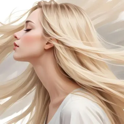 A Young Caucasian Woman With Long Straight Blonde Hair Cascading Down She Has Fair Skin And Is Shown In Profile With Her Eyes Closed And A Serene Expression The Background Is Plain White Emphasizing Her Hair And Fac 57 78a4