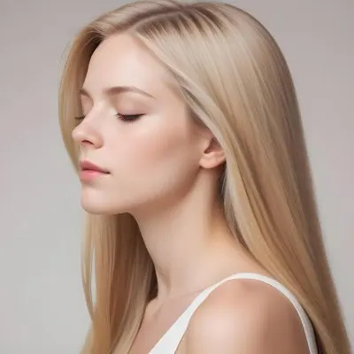 A Young Caucasian Woman With Long Straight Blonde Hair Cascading Down She Has Fair Skin And Is Shown In Profile With Her Eyes Closed And A Serene Expression The Background Is Plain White Emphasizing Her Hair And Fac 6 Dea0