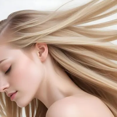 A Young Caucasian Woman With Long Straight Blonde Hair Cascading Down She Has Fair Skin And Is Shown In Profile With Her Eyes Closed And A Serene Expression The Background Is Plain White Emphasizing Her Hair And Fac 73 66e0