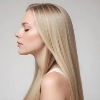 A Young Caucasian Woman With Long Straight Blonde Hair Cascading Down She Has Fair Skin And Is Shown In Profile With Her Eyes Closed And A Serene Expression The Background Is Plain White Emphasizing Her Hair And Fac 80 403c