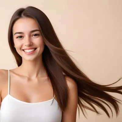 A Young Caucasian Woman With Long Straight Brown Hair Smiling And Holding Her Hair In A Bright Room During Daytime 6 4c23