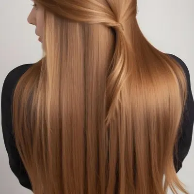 A Young Caucasian Woman With Long Straight Golden Brown Hair Styled In A Half Up Half Down Hairstyle 10 9adf
