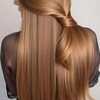 A Young Caucasian Woman With Long Straight Golden Brown Hair Styled In A Half Up Half Down Hairstyle 15 E179