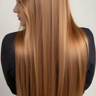 A Young Caucasian Woman With Long Straight Golden Brown Hair Styled In A Half Up Half Down Hairstyle 18 B628