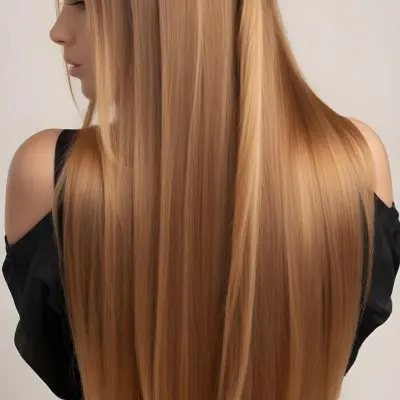 A Young Caucasian Woman With Long Straight Golden Brown Hair Styled In A Half Up Half Down Hairstyle 33 B9f1