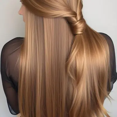 A Young Caucasian Woman With Long Straight Golden Brown Hair Styled In A Half Up Half Down Hairstyle 40 1713