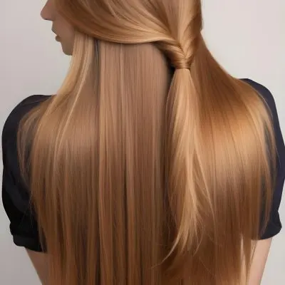 A Young Caucasian Woman With Long Straight Golden Brown Hair Styled In A Half Up Half Down Hairstyle 8 53c1