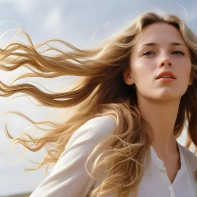 A Young Caucasian Woman With Long Wavy Blonde Hair Blowing In The Wind Against A Plain Background 19 533d