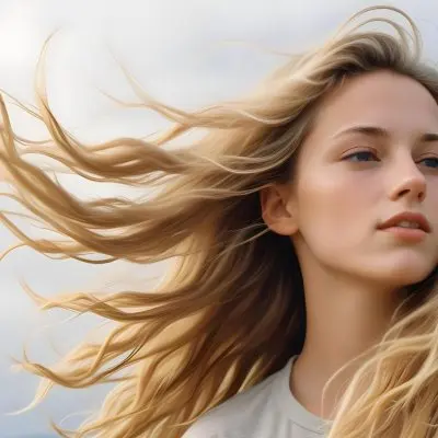 A Young Caucasian Woman With Long Wavy Blonde Hair Blowing In The Wind Against A Plain Background 27 D2b5