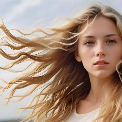 A Young Caucasian Woman With Long Wavy Blonde Hair Blowing In The Wind Against A Plain Background 32 13c7