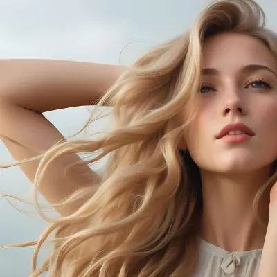A Young Caucasian Woman With Long Wavy Blonde Hair Blowing In The Wind Against A Plain Background 52 8046