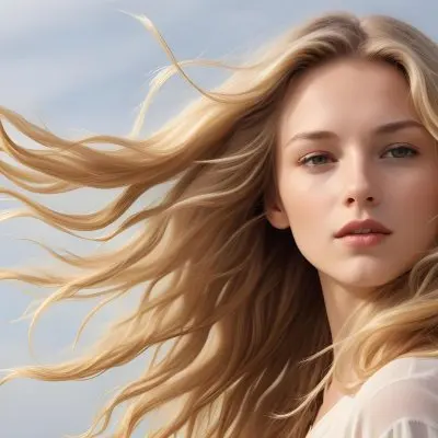 A Young Caucasian Woman With Long Wavy Blonde Hair Blowing In The Wind Against A Plain Background 79 1b89