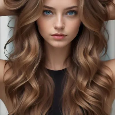 A Young Caucasian Woman With Long Wavy Brown Hair And Brown Eyes Wearing A Black Top Against A Blue Background 10 27b7