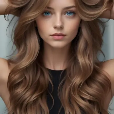 A Young Caucasian Woman With Long Wavy Brown Hair And Brown Eyes Wearing A Black Top Against A Blue Background 14 F7e5