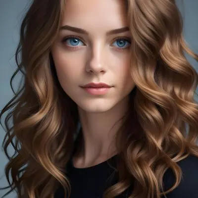 A Young Caucasian Woman With Long Wavy Brown Hair And Brown Eyes Wearing A Black Top Against A Blue Background 6 Af54