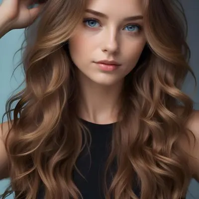 A Young Caucasian Woman With Long Wavy Brown Hair And Brown Eyes Wearing A Black Top Against A Blue Background 8 67cc