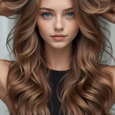 A Young Caucasian Woman With Long Wavy Brown Hair And Brown Eyes Wearing A Black Top Against A Blue Background 9 04b8