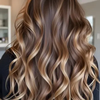 A Young Caucasian Woman With Long Wavy Brown Hair Featuring Blonde Highlights The Hair Has A Natural Sun Kissed Appearance With A Mix Of Warm And Cool Tones 1 3ad8