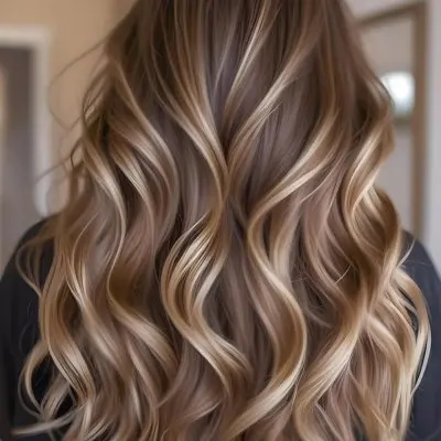A Young Caucasian Woman With Long Wavy Brown Hair Featuring Blonde Highlights The Hair Has A Natural Sun Kissed Appearance With A Mix Of Warm And Cool Tones 11 B5d9