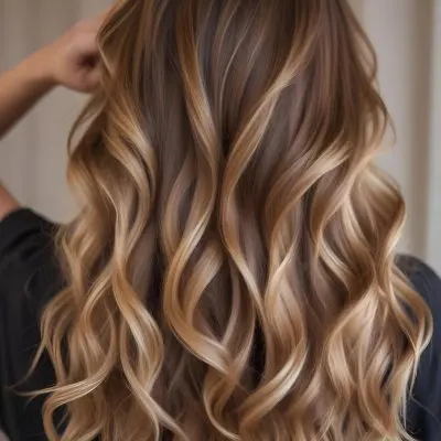 A Young Caucasian Woman With Long Wavy Brown Hair Featuring Blonde Highlights The Hair Has A Natural Sun Kissed Appearance With A Mix Of Warm And Cool Tones 14 A346