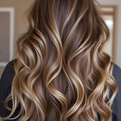 A Young Caucasian Woman With Long Wavy Brown Hair Featuring Blonde Highlights The Hair Has A Natural Sun Kissed Appearance With A Mix Of Warm And Cool Tones 15 9cca