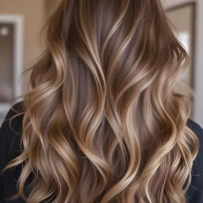 A Young Caucasian Woman With Long Wavy Brown Hair Featuring Blonde Highlights The Hair Has A Natural Sun Kissed Appearance With A Mix Of Warm And Cool Tones 16 467e