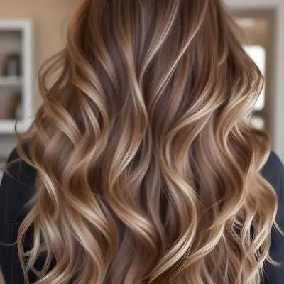 A Young Caucasian Woman With Long Wavy Brown Hair Featuring Blonde Highlights The Hair Has A Natural Sun Kissed Appearance With A Mix Of Warm And Cool Tones 19 722c