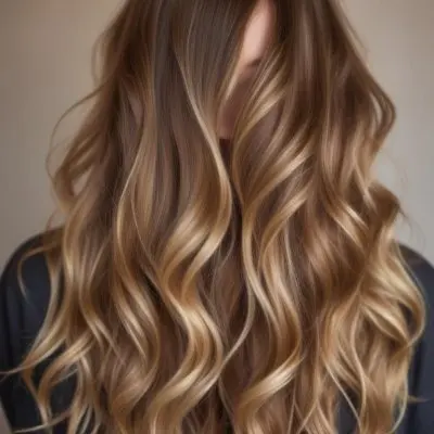 A Young Caucasian Woman With Long Wavy Brown Hair Featuring Blonde Highlights The Hair Has A Natural Sun Kissed Appearance With A Mix Of Warm And Cool Tones 2 3449