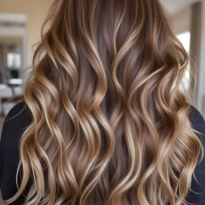 A Young Caucasian Woman With Long Wavy Brown Hair Featuring Blonde Highlights The Hair Has A Natural Sun Kissed Appearance With A Mix Of Warm And Cool Tones 2 B106