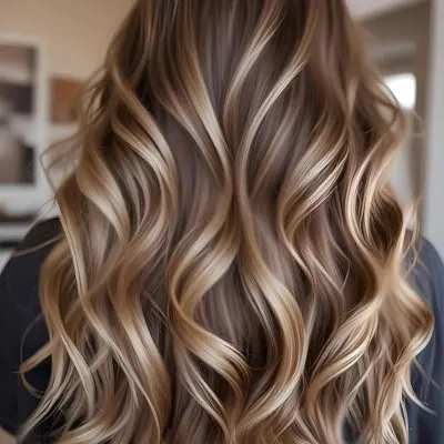 A Young Caucasian Woman With Long Wavy Brown Hair Featuring Blonde Highlights The Hair Has A Natural Sun Kissed Appearance With A Mix Of Warm And Cool Tones 20 Fe48