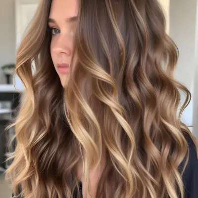 A Young Caucasian Woman With Long Wavy Brown Hair Featuring Blonde Highlights The Hair Has A Natural Sun Kissed Appearance With A Mix Of Warm And Cool Tones 3 5ca4