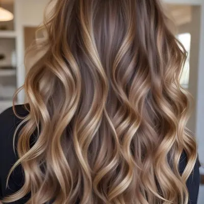 A Young Caucasian Woman With Long Wavy Brown Hair Featuring Blonde Highlights The Hair Has A Natural Sun Kissed Appearance With A Mix Of Warm And Cool Tones 4 Dbe8
