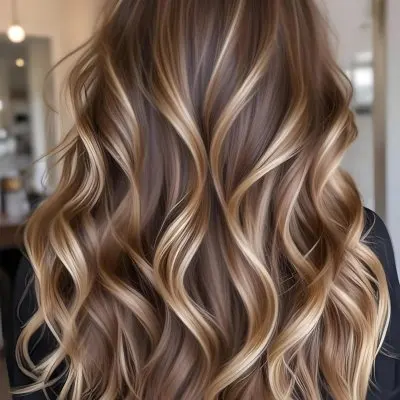 A Young Caucasian Woman With Long Wavy Brown Hair Featuring Blonde Highlights The Hair Has A Natural Sun Kissed Appearance With A Mix Of Warm And Cool Tones 6 F34c