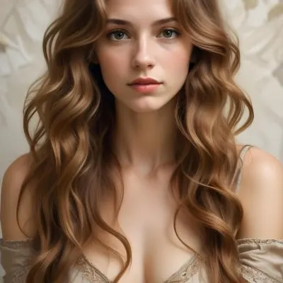 A Young Caucasian Woman With Long Wavy Light Brown Hair And Highlights She Has A Neutral Facial Expression And Is Wearing A Low Cut Top Revealing Her Shoulders 12 7e28