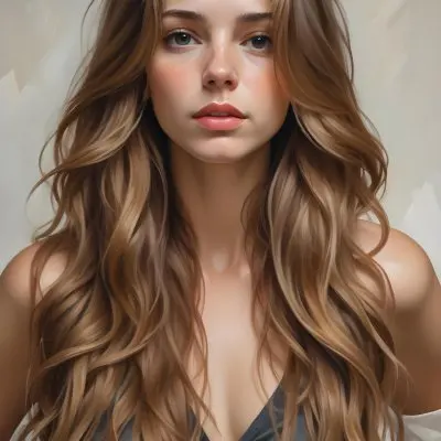 A Young Caucasian Woman With Long Wavy Light Brown Hair And Highlights She Has A Neutral Facial Expression And Is Wearing A Low Cut Top Revealing Her Shoulders 18 E559