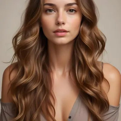 A Young Caucasian Woman With Long Wavy Light Brown Hair And Highlights She Has A Neutral Facial Expression And Is Wearing A Low Cut Top Revealing Her Shoulders 55 701c