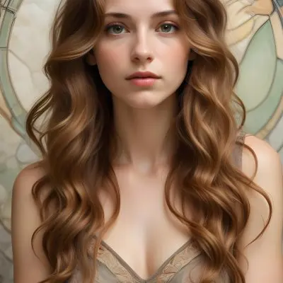 A Young Caucasian Woman With Long Wavy Light Brown Hair And Highlights She Has A Neutral Facial Expression And Is Wearing A Low Cut Top Revealing Her Shoulders 6 Ca3a