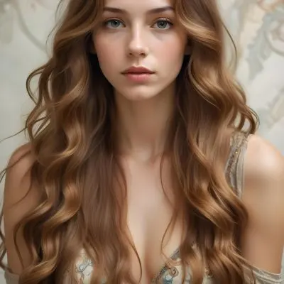 A Young Caucasian Woman With Long Wavy Light Brown Hair And Highlights She Has A Neutral Facial Expression And Is Wearing A Low Cut Top Revealing Her Shoulders 9 8bc1