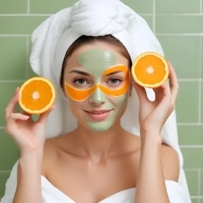 A Young Caucasian Woman With Short Blonde Hair Wearing A White Towel On Her Head Holding Two Orange Slices Over Her Eyes With A Green Facial Mask On Her Face Against A Light Green Background 3 E1bd