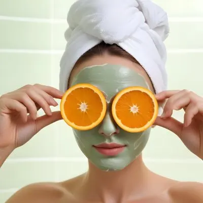 A Young Caucasian Woman With Short Blonde Hair Wearing A White Towel On Her Head Holding Two Orange Slices Over Her Eyes With A Green Facial Mask On Her Face Against A Light Green Background 4 0c95