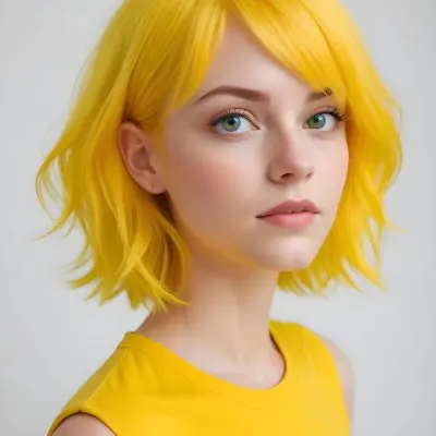 A Young Caucasian Woman With Short Bright Yellow Hair And Green Eyes Wearing A Yellow Shirt Against A Plain White Background 10 A816
