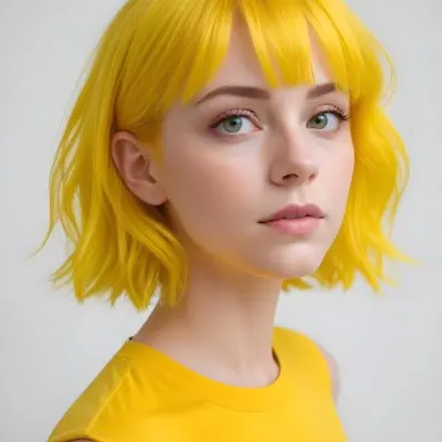 A Young Caucasian Woman With Short Bright Yellow Hair And Green Eyes Wearing A Yellow Shirt Against A Plain White Background 14 B88d
